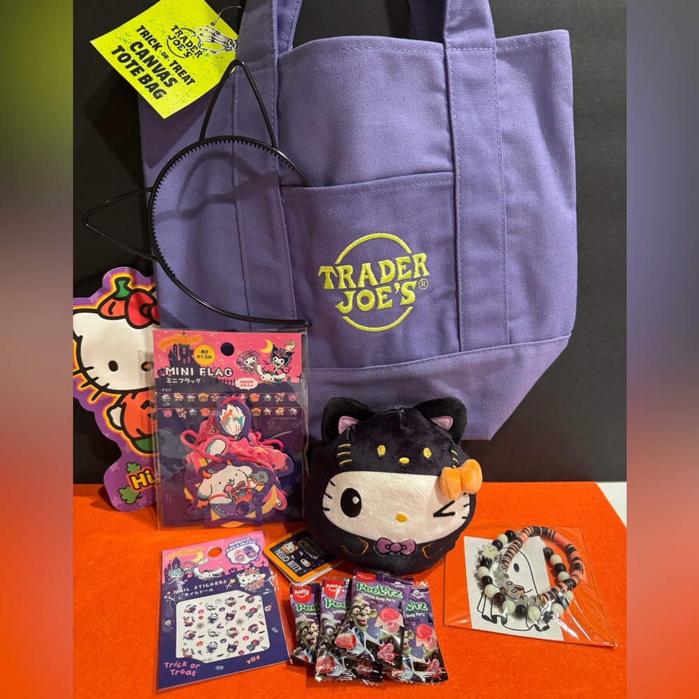 Trader Joe's 2025 Halloween Tote, Daiso Sanrio Trick or Treat items, plush
